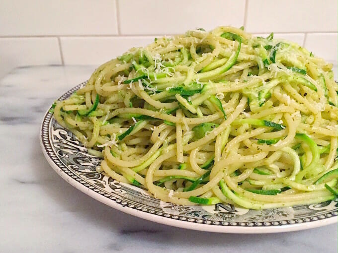 Spaghetti and Spiralized Zucchini with Lemony Pesto