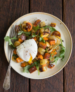 roasted root hash with poached eggs