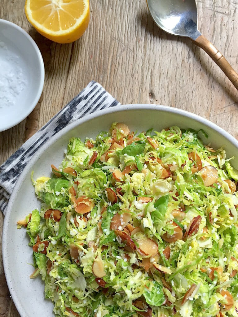 Shaved Brussels Sprouts Salad with Lemon, Pecorino, and Toasted Almonds - Mom's Kitchen Handbook