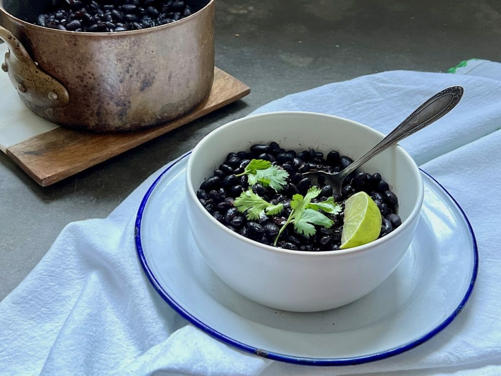 Bowl of black beans with pot