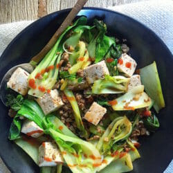 Baby bok choy with pork and tofu