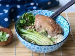 Slow Cooker Chicken Thighs with brown rice and bok choy