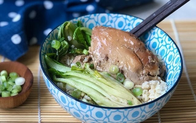 Slow Cooker Chicken Thighs with brown rice and bok choy
