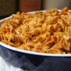 Mac and Cheese in blue baking dish - Mom's Kitchen Handbook