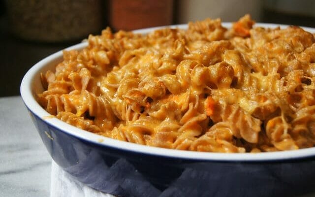 Mac and Cheese in blue baking dish - Mom's Kitchen Handbook