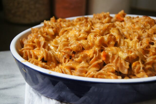 Mac and Cheese in blue baking dish - Mom's Kitchen Handbook