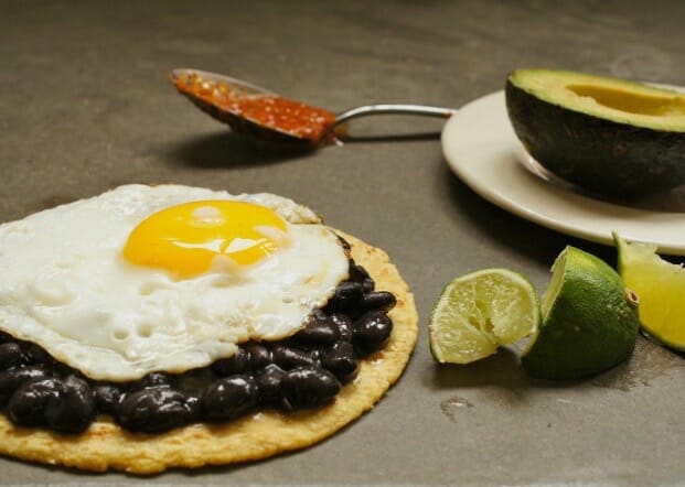 quick breakfast tacos, a vegetarian taco with salsa, lime, and avocado