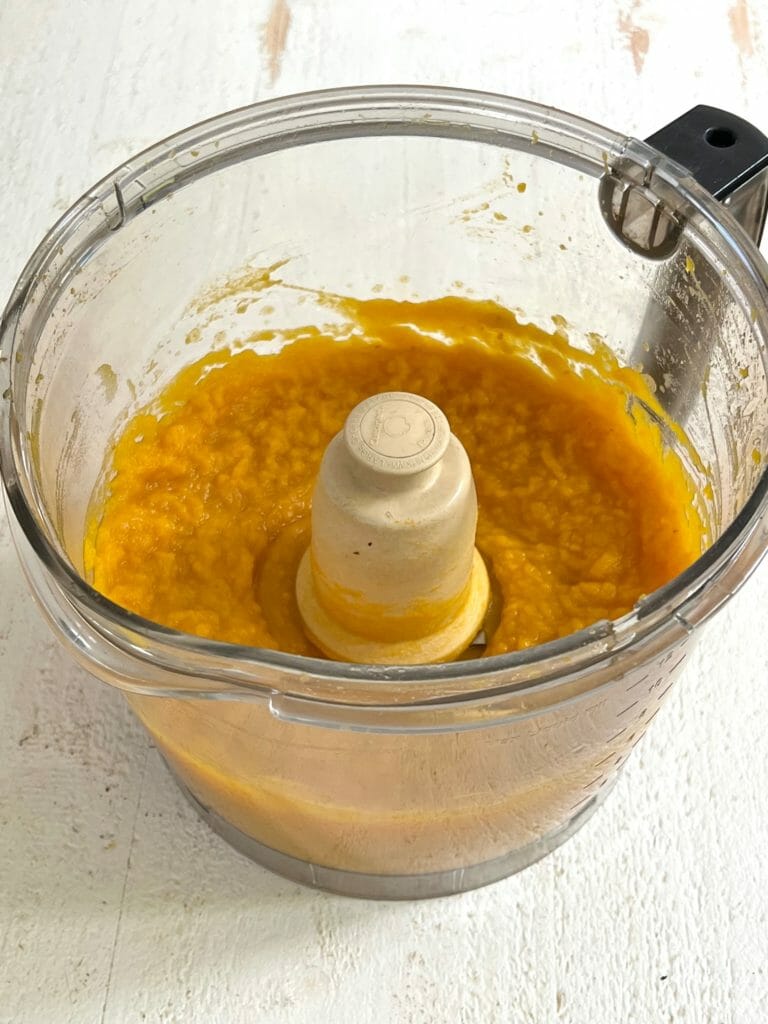 Pureed pumpkin in a food processor