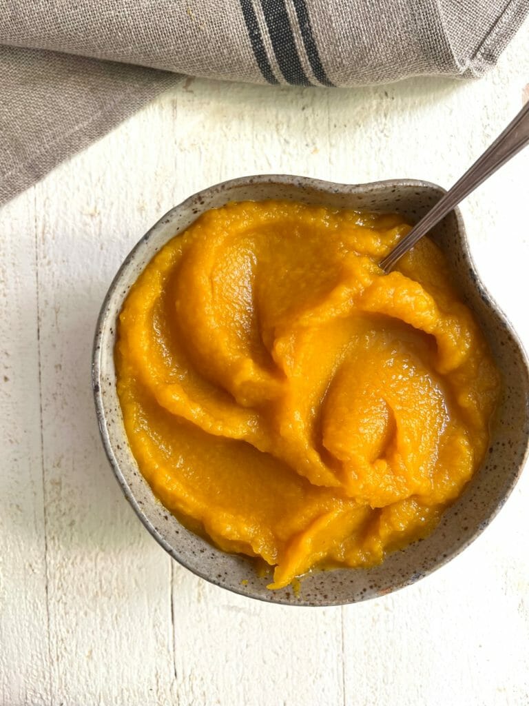 overhead view of a bowl of pumpkin 