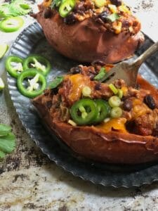 Chili Stuffed Sweet Potatoes with jalapenos and lime