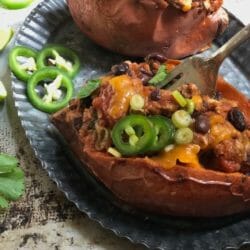 Chili Stuffed Sweet Potatoes with jalapenos and lime