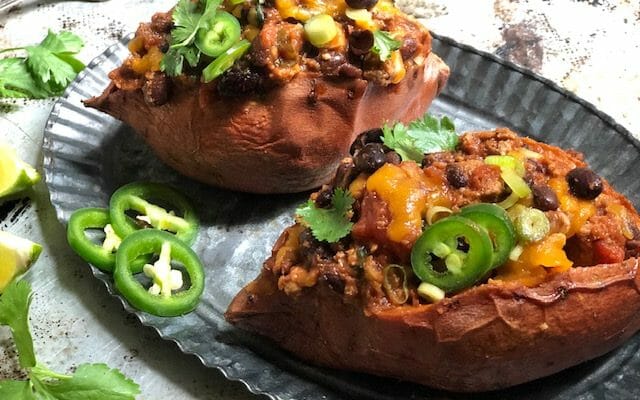 Chili Stuffed Sweet Potatoes with jalapenos and lime