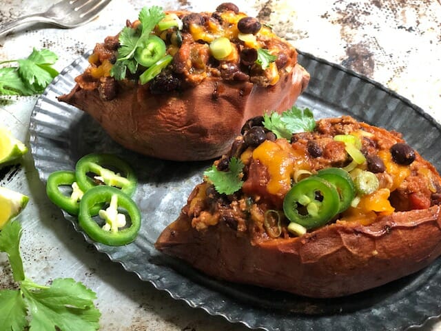 Chili Stuffed Sweet Potatoes with jalapenos and lime