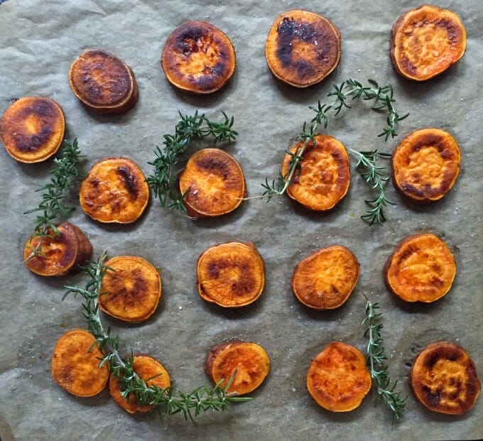 sheet pan with roasted sweet potato slices