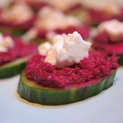 cucumber with beet hummus and goat cheese