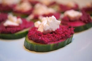 cucumber with beet hummus and goat cheese