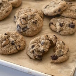 Healthier Chocolate Chip Cookies on a sheet pan