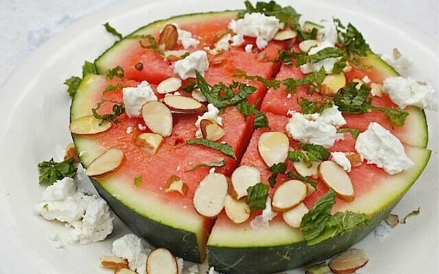 watermelon wedge salad topped with feta