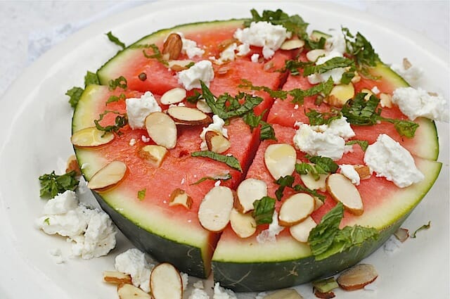 watermelon wedge salad topped with feta