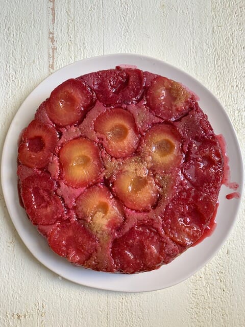 Overview shot of upside down plum cake