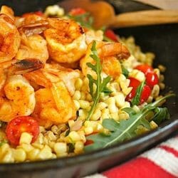 skillet of paprika shrimp and corn