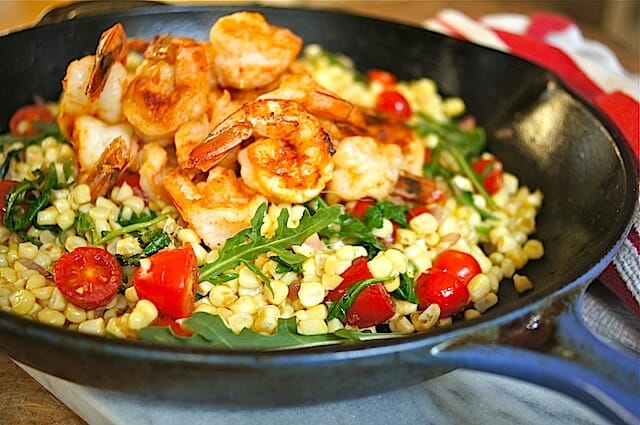 skillet of corn and shrimp