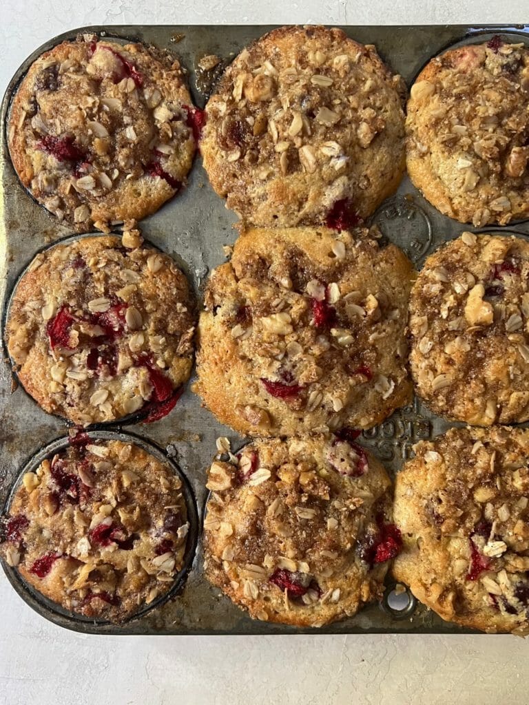 overhead shot of whole-grain cranberry streusel muffis