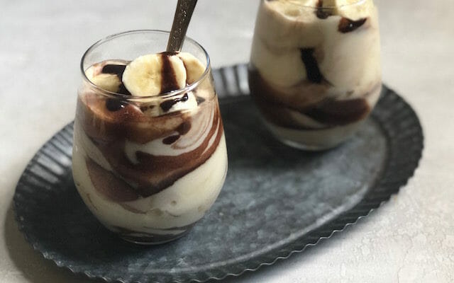 salted butterscotch pudding with chocolate and banana