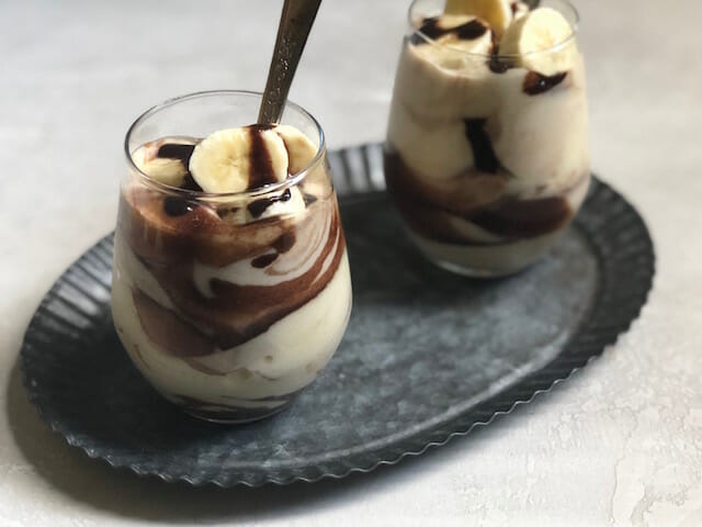 salted butterscotch pudding with chocolate and banana