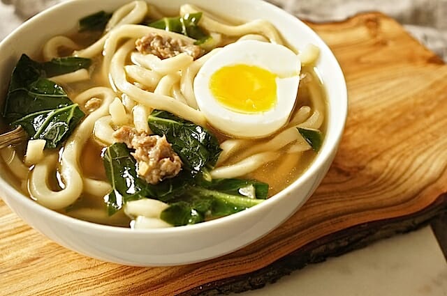 udon noodle soup with swiss chard