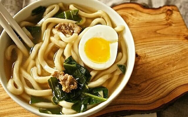 bowl of Udon Noodle Soup with Soft Egg