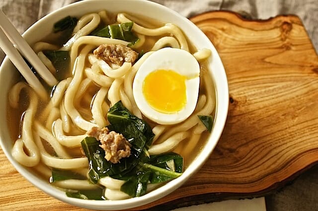 bowl of Udon Noodle Soup with Soft Egg
