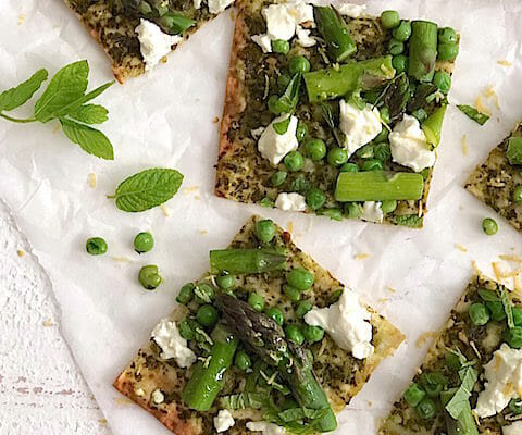 spring vegetable pizza on lavash with mint