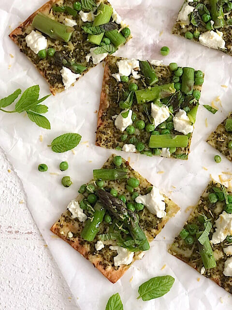 spring vegetable pizza on lavash with mint