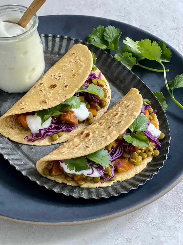 Two Lentil Tacos with cilantro and yogurt