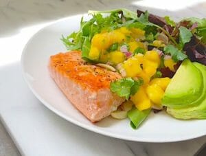 salmon with mango salsa and avocado