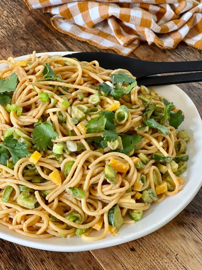 Platter of asian noodles with peanut sauce