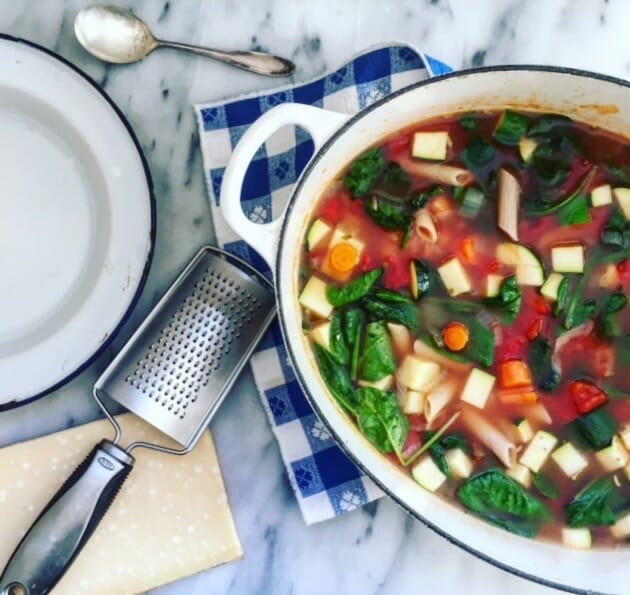 Minestrone Soup in a big pot with Parmesan