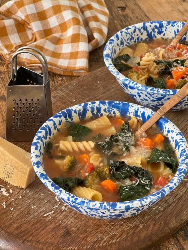 blue splatter bowls of zero waste minestrone soup