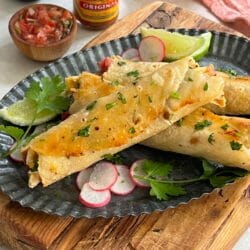 Baked chicken taquitos with hot sauce