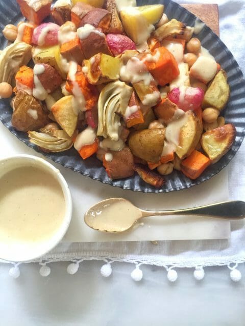 Roasted vegetable with lemon tahini dressing