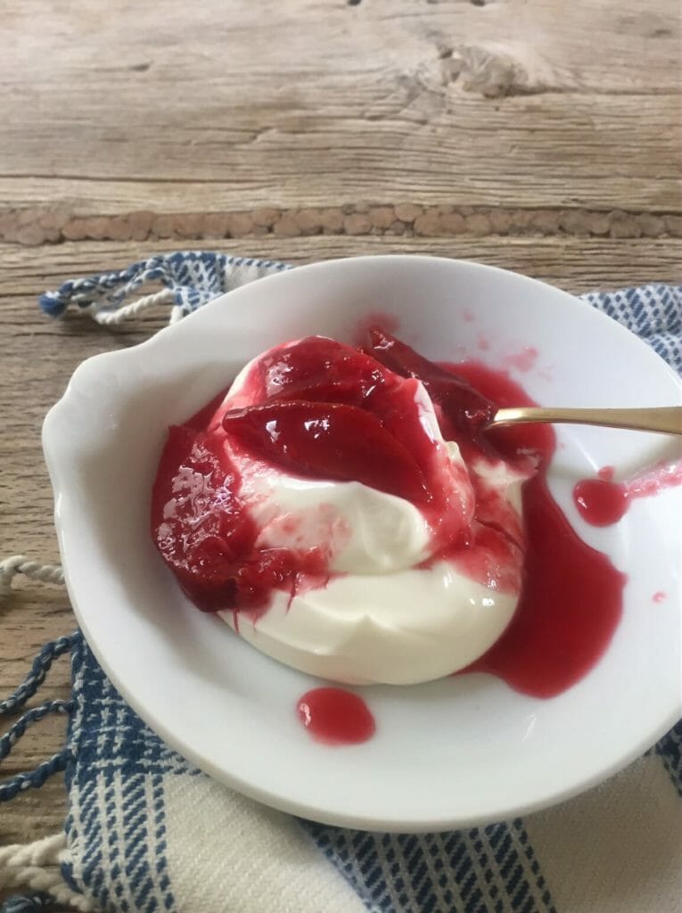 bowl of greek yogurt and plums sauce, a healthy convenience food