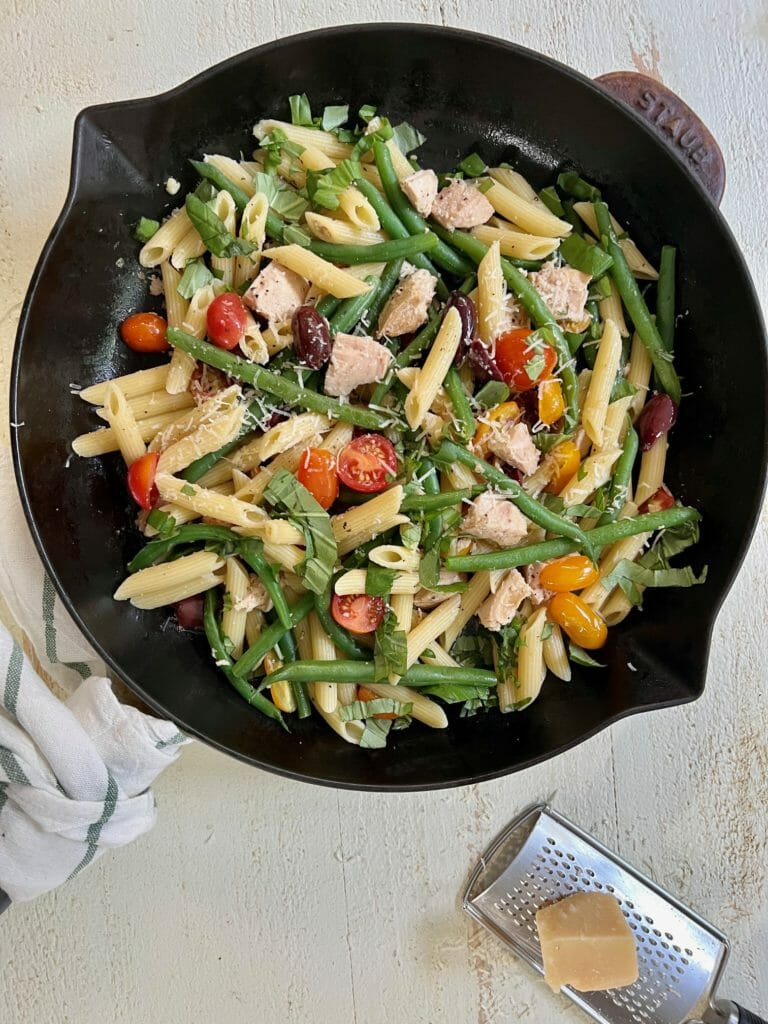 Skillet of easy nicoise pasta