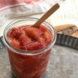 strawberry rhubarb compote in glass jar