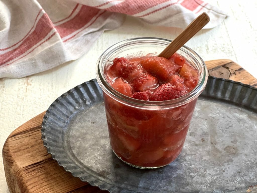 Strawberry rhubarb compote in a glass jar
