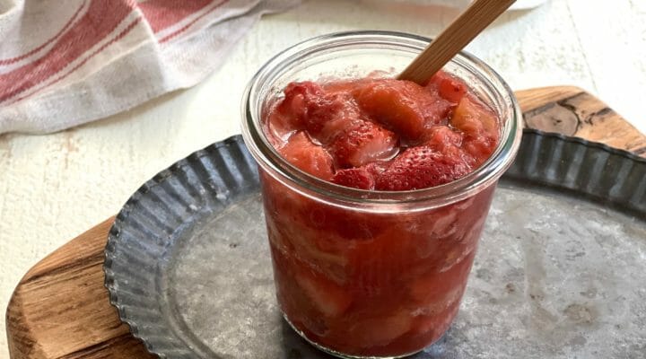 Strawberry rhubarb compote in a glass jar