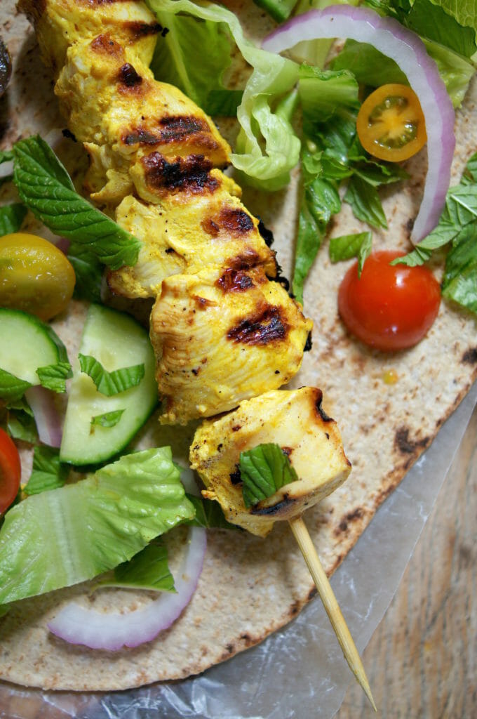 Grilled Chicken Kebab wrap with lettuce and tomatoes - Mom's Kitchen Handbook