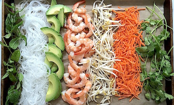 Ingredients for Making Summer Rolls. Shrimp, avocado, bean sprouts