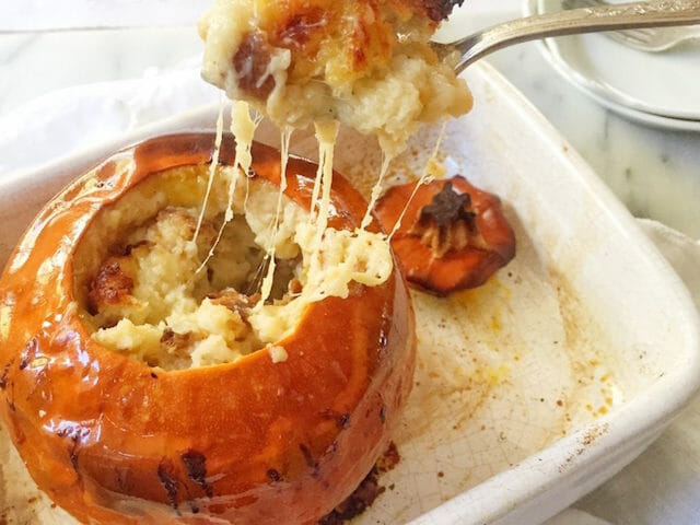 Cheese Fondue in a Roasted Pumpkin with cheese pull
