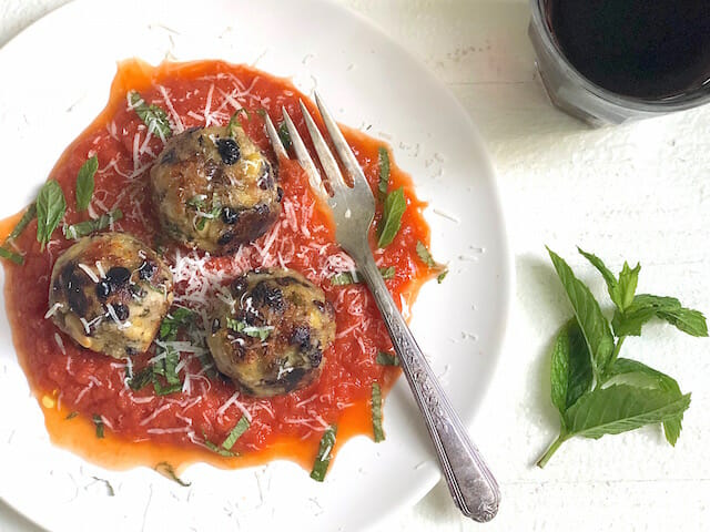 tempeh and eggplant meatballs on a plate